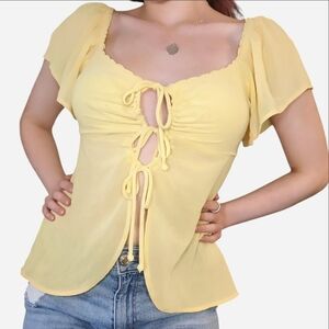 wild fable Yellow Tie-Front Puff Sleeve Blouse